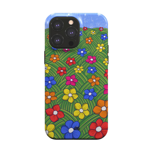 iphone magsafe case of animated colorful flower field, back view
