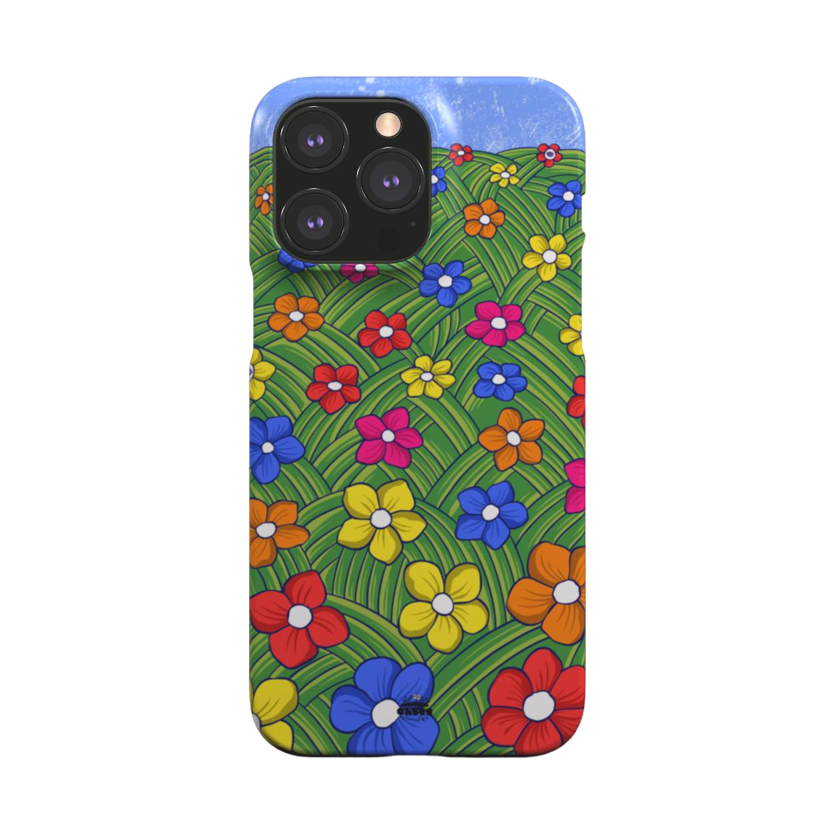 iphone snap case of animated colorful flower field, back view
