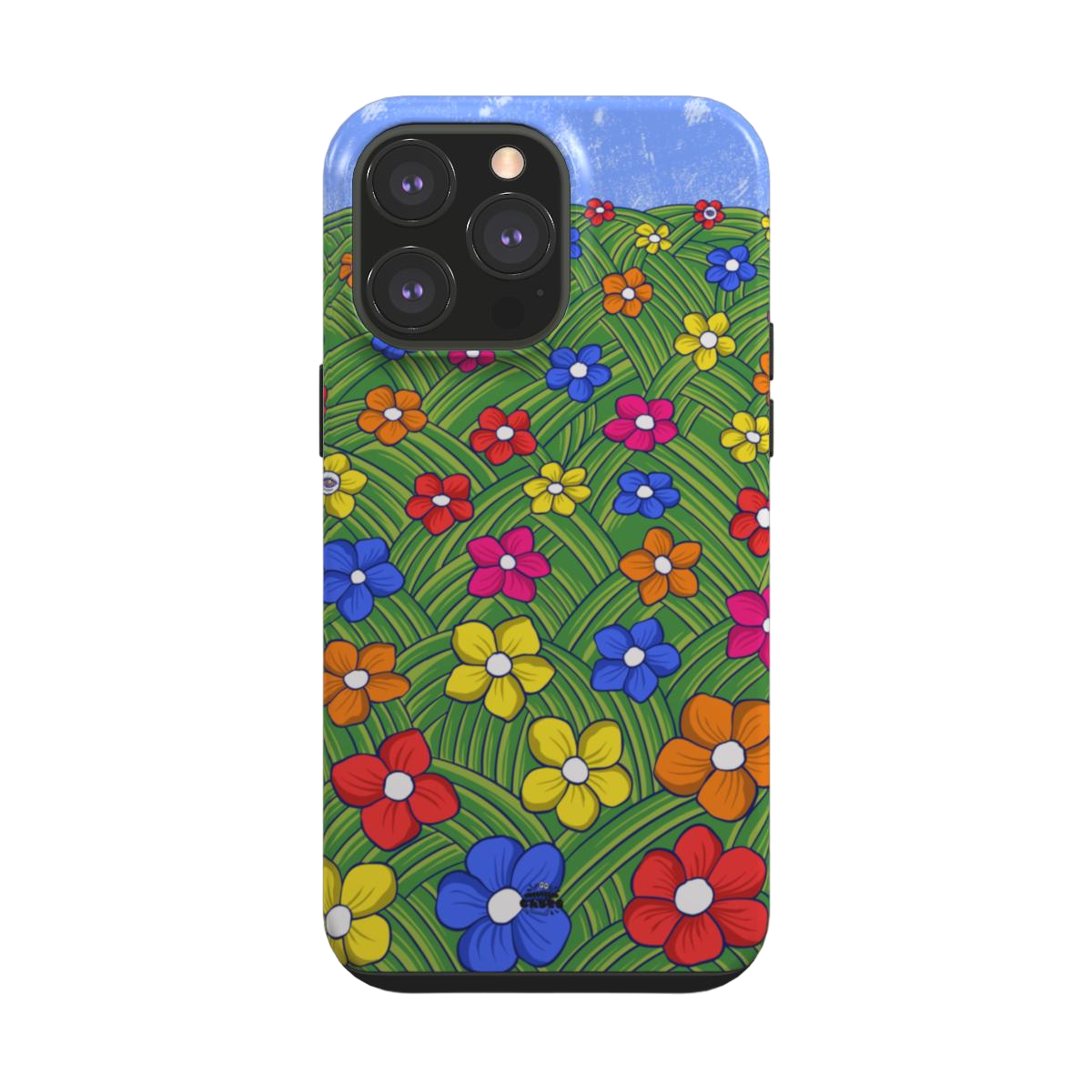 iphone tough case of animated colorful flower field, back view
