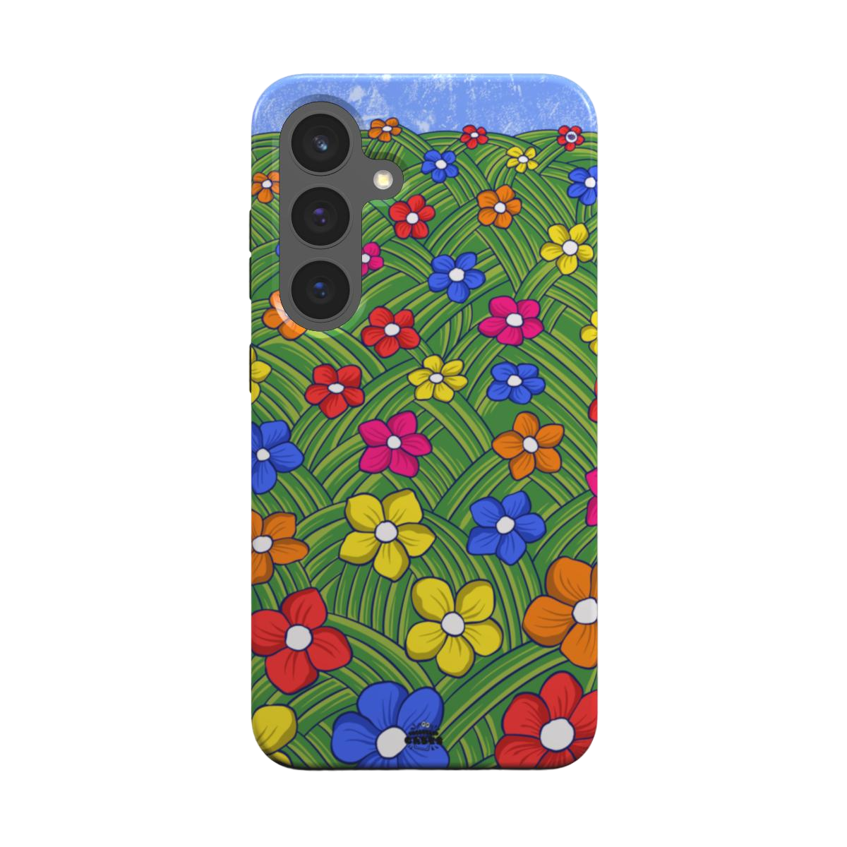 samsung tough case of animated colorful flower field, back view
