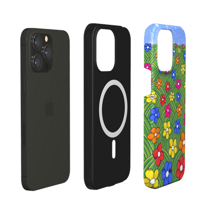 iphone magsafe case of  animated colorful flower field, layered view
