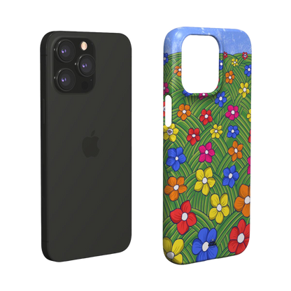 iphone snap case of  animated colorful flower field, layered view
