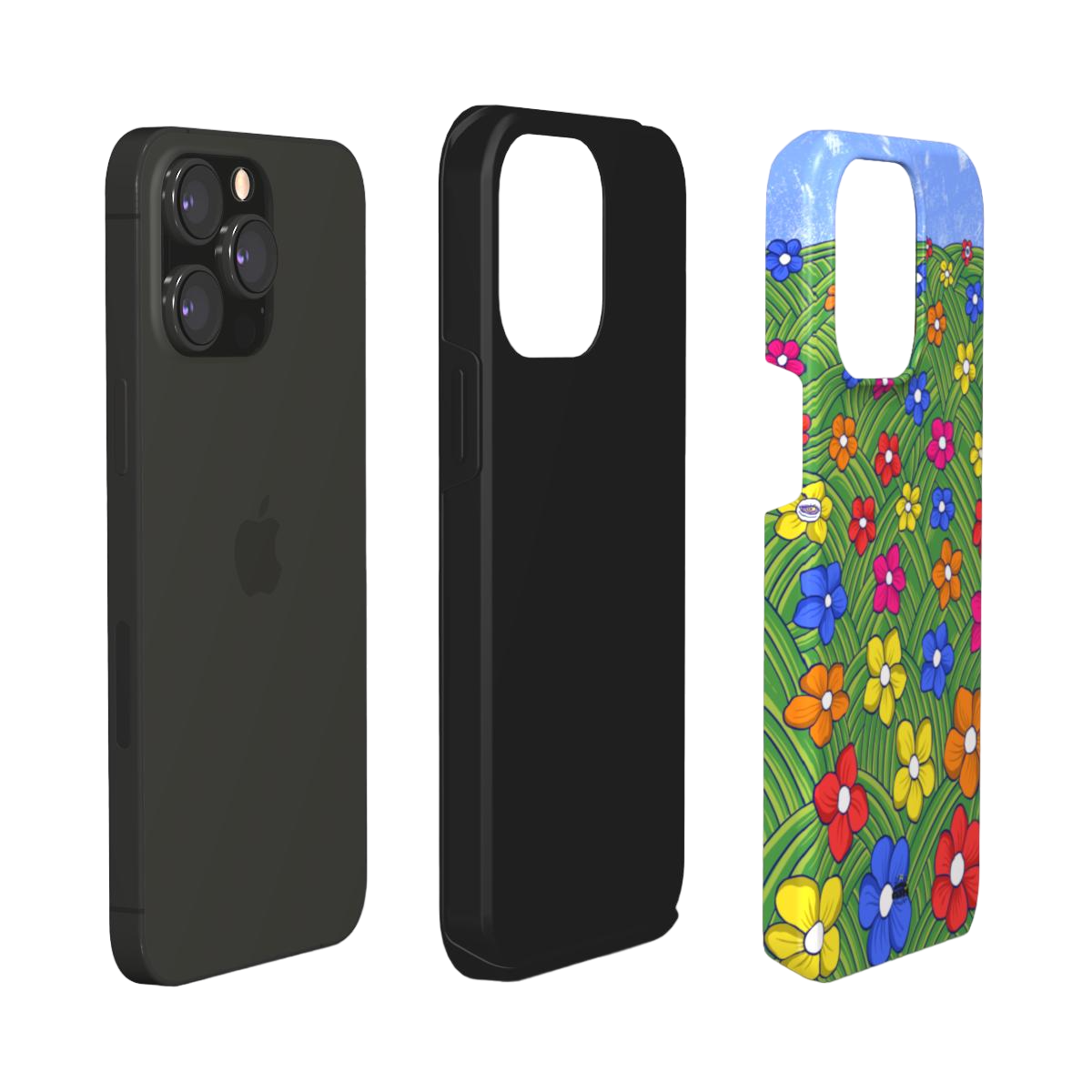 iphone tough case of  animated colorful flower field, layered view
