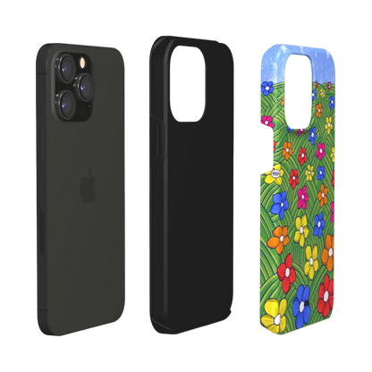 iphone tough case of  animated colorful flower field, layered view
