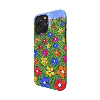 iphone snap case of animated colorful flower field, side view
