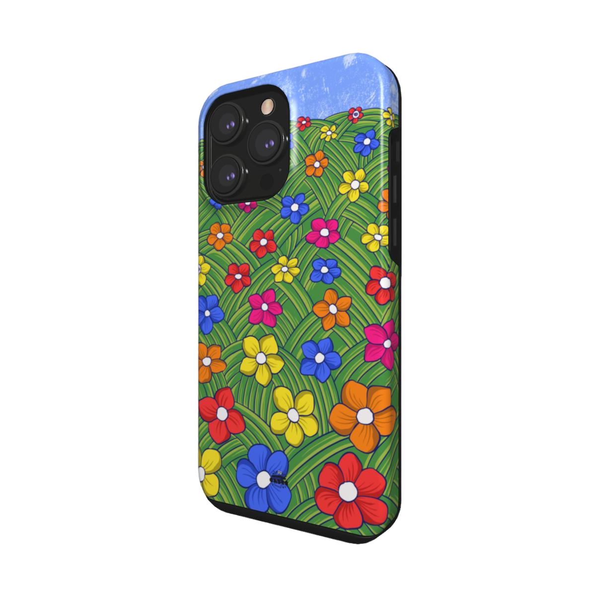 iphone tough case of animated colorful flower field, side view
