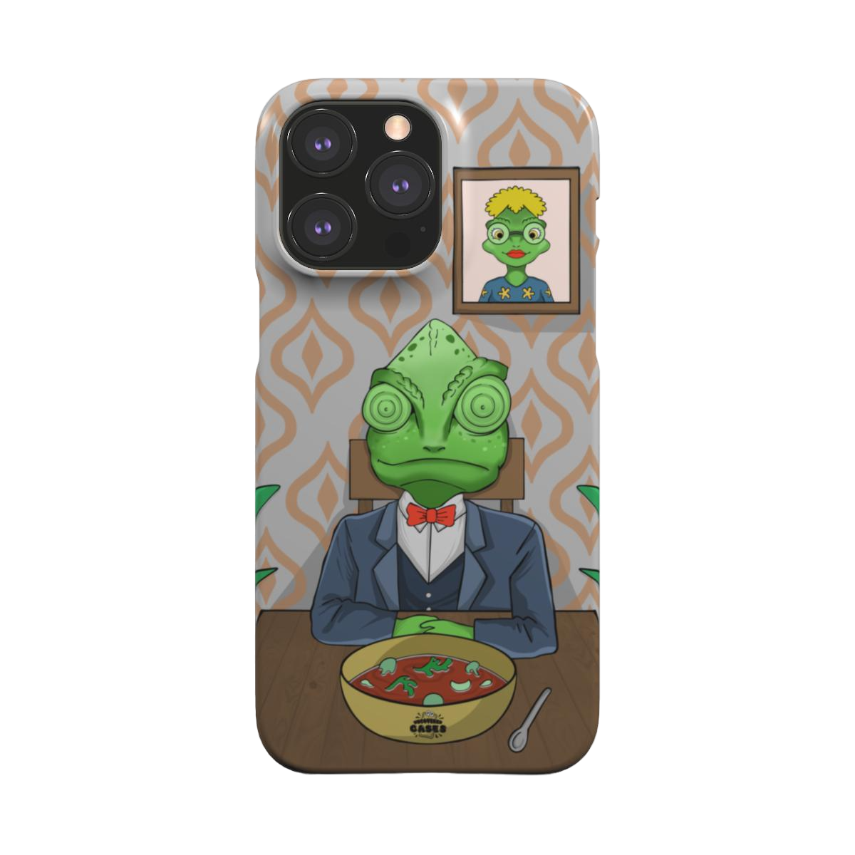iphone snap case of animated chameleon wearing a costume at the dinner table, back view
