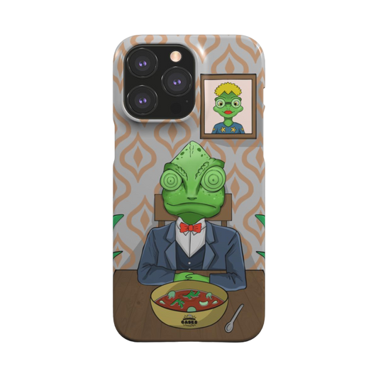 iphone snap case of animated chameleon wearing a costume at the dinner table, back view
