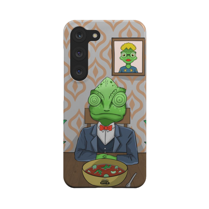 samsung snap case of animated chameleon wearing a costume at the dinner table, back view
