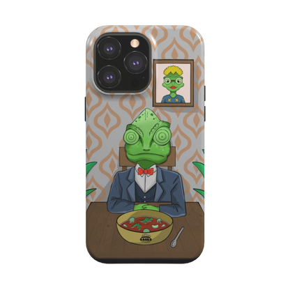 iphone tough case of animated chameleon wearing a costume at the dinner table, back view
