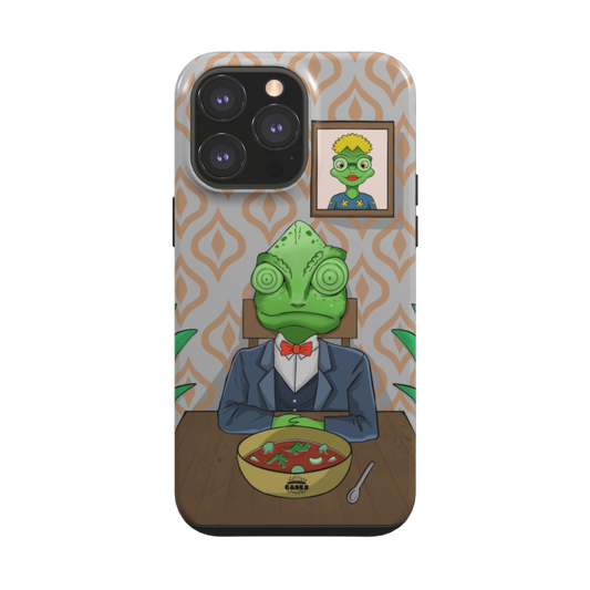 iphone tough case of animated chameleon wearing a costume at the dinner table, back view
