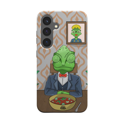 samsung tough case of animated chameleon wearing a costume at the dinner table, back view
