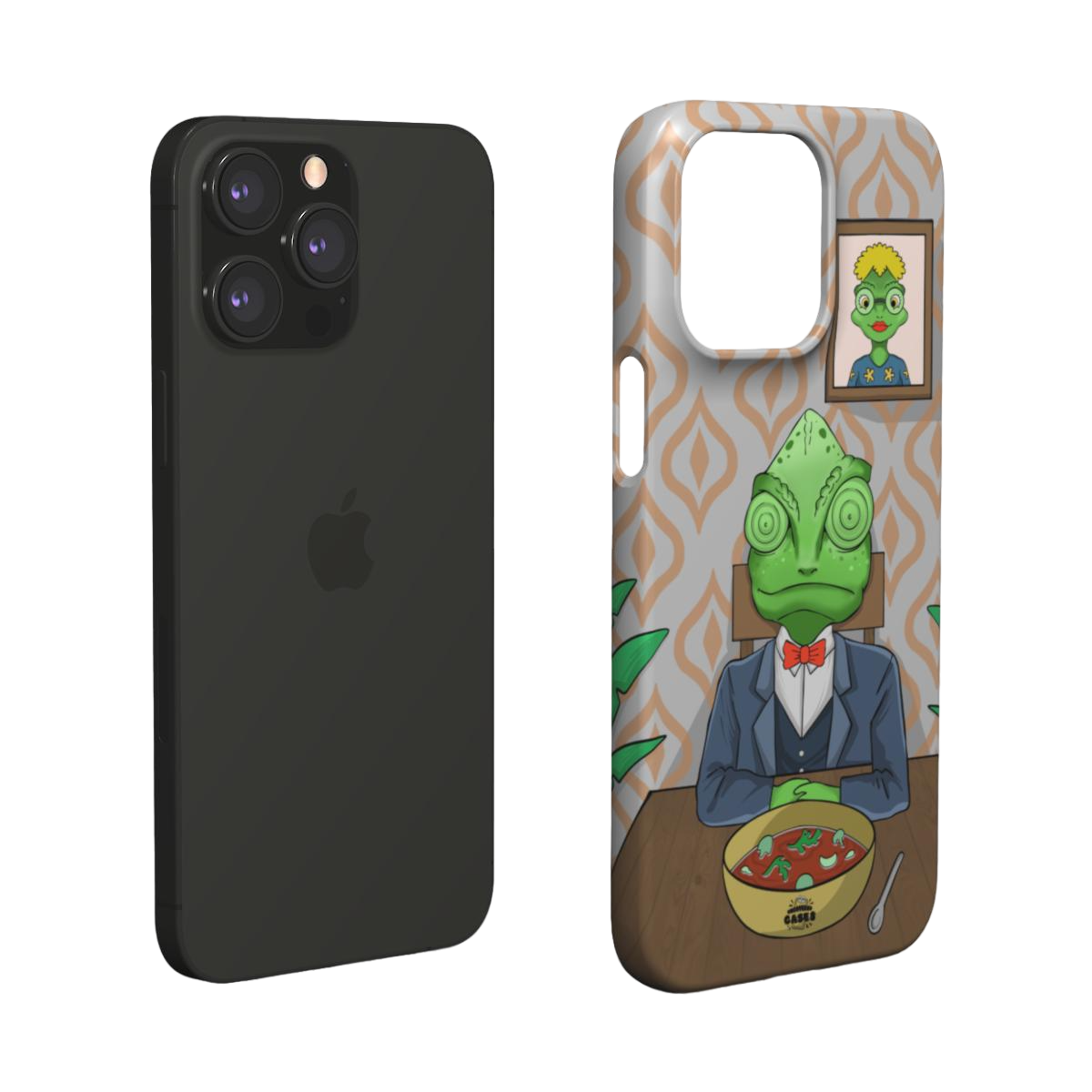 iphone snap case of  animated  chameleon wearing a costume at the dinner table, layered view
