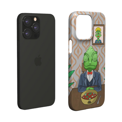 iphone snap case of  animated  chameleon wearing a costume at the dinner table, layered view
