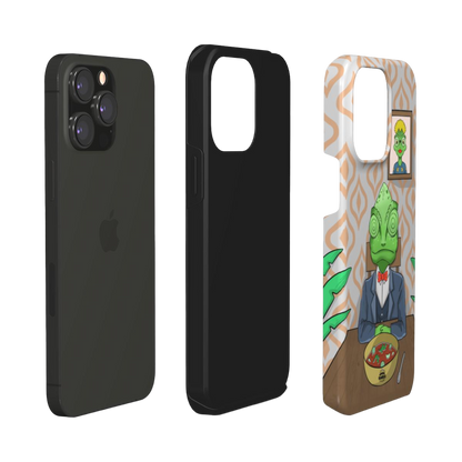 iphone tough case of  animated  chameleon wearing a costume at the dinner table, layered view
