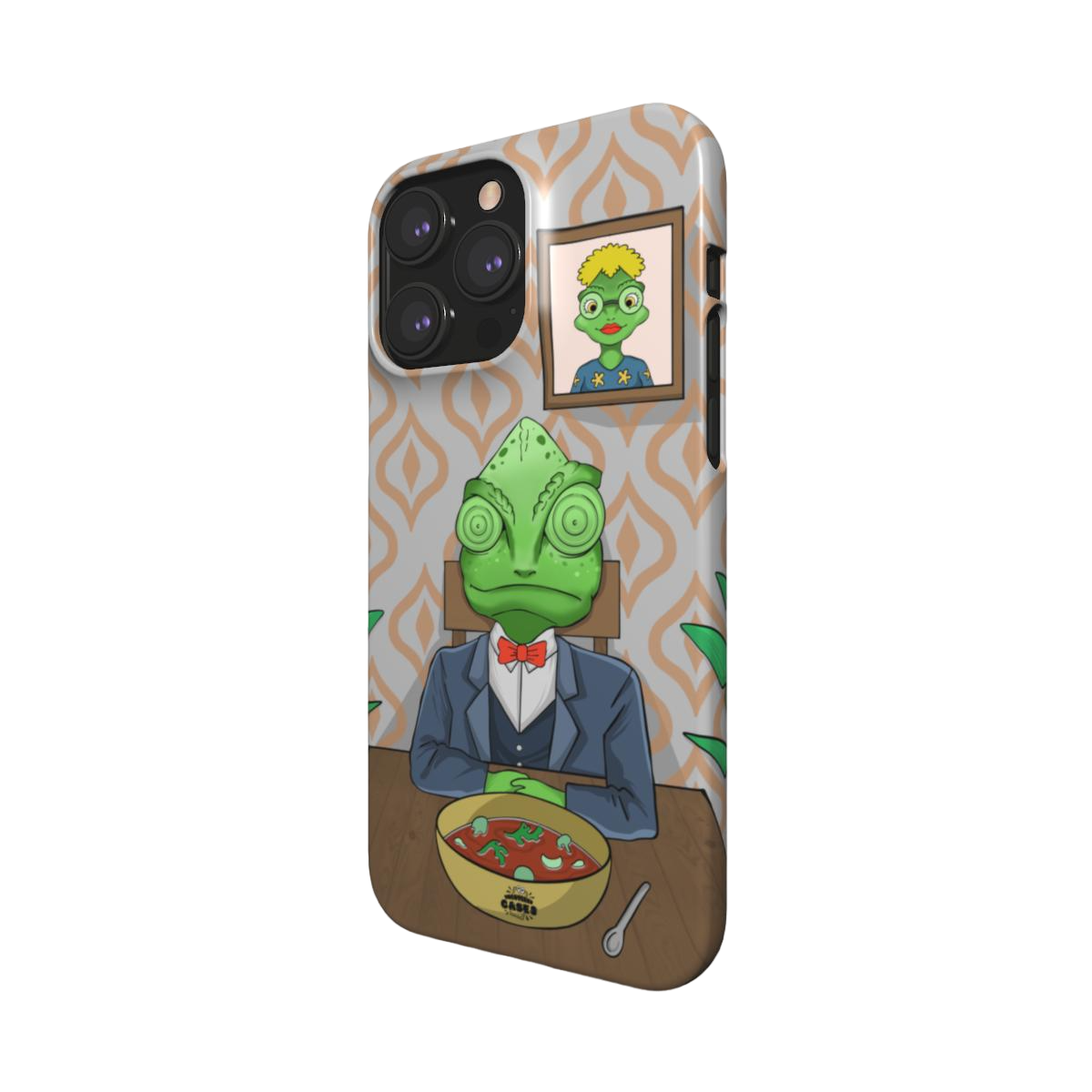 iphone snap case of animated chameleon wearing a costume at the dinner table, side view

