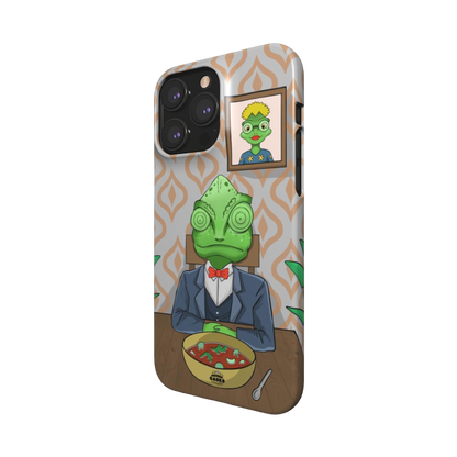 iphone snap case of animated chameleon wearing a costume at the dinner table, side view
