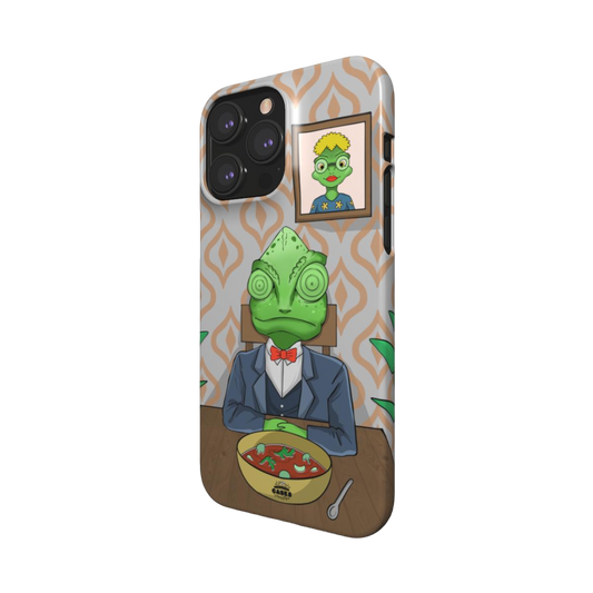 iphone snap case of animated chameleon wearing a costume at the dinner table, side view
