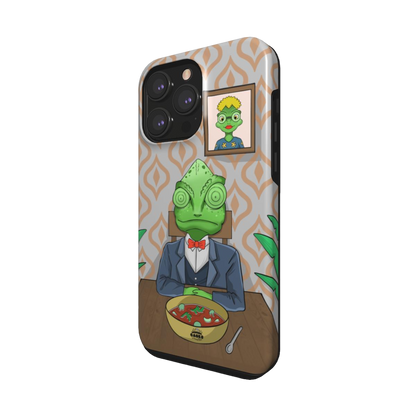 iphone tough case of animated chameleon wearing a costume at the dinner table, side view
