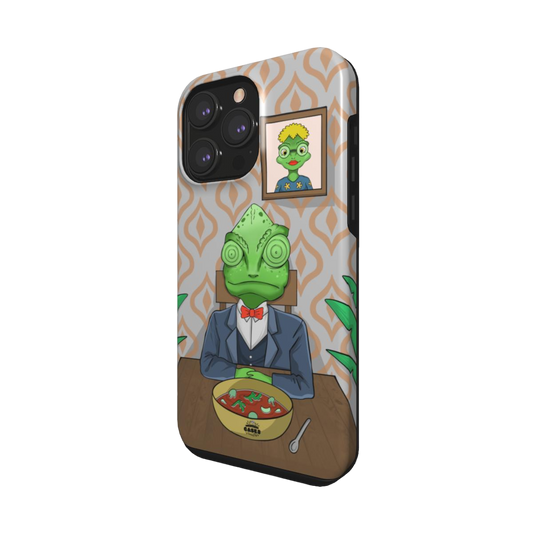 iphone tough case of animated chameleon wearing a costume at the dinner table, side view
