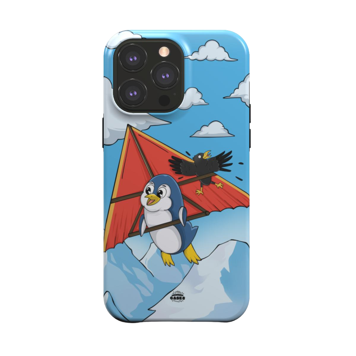 iphone magsafe case of animated penguin trying to paraglide down the mountain, back view

