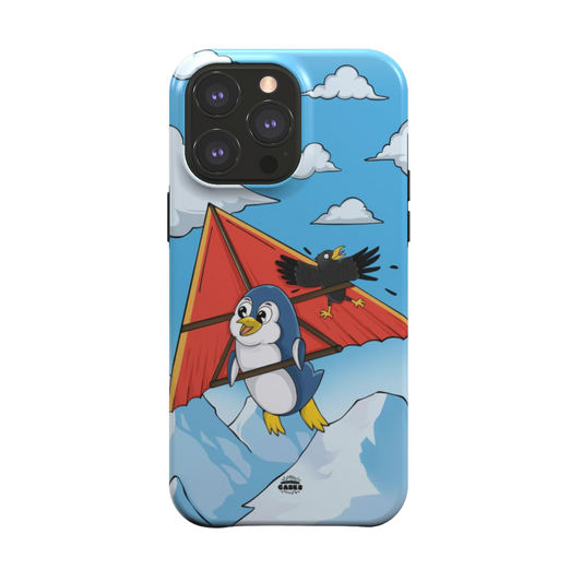 iphone magsafe case of animated penguin trying to paraglide down the mountain, back view
