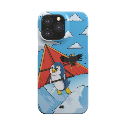iphone snap case of animated penguin trying to paraglide down the mountain, back view

