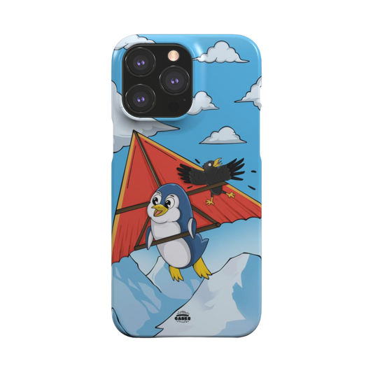 iphone snap case of animated penguin trying to paraglide down the mountain, back view
