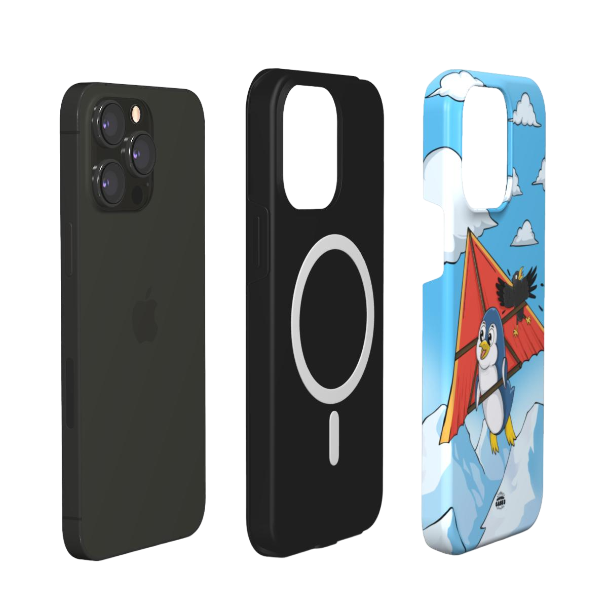 iphone magsafe case of  animated  penguin trying to paraglide down the mountain, layered view
