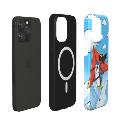 iphone magsafe case of  animated  penguin trying to paraglide down the mountain, layered view
