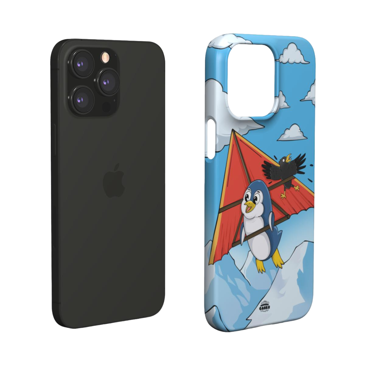iphone snap case of  animated  penguin trying to paraglide down the mountain, layered view

