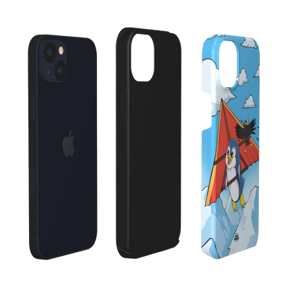 iphone tough case of  animated  penguin trying to paraglide down the mountain, layered view
