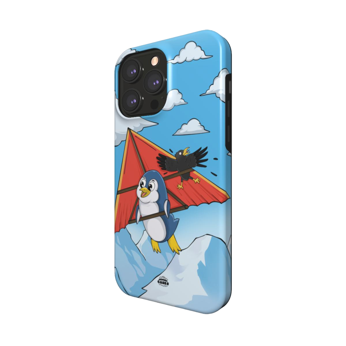 iphone magsafe case of animated  penguin trying to paraglide down the mountain, side view
