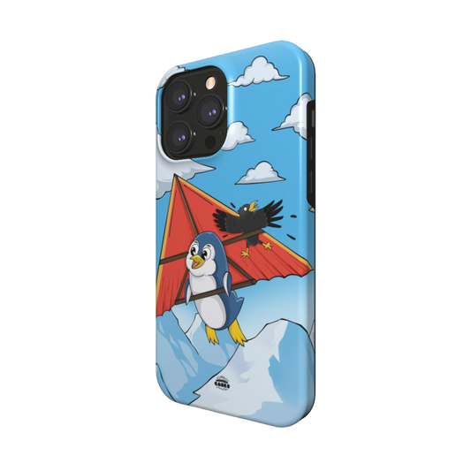 iphone magsafe case of animated  penguin trying to paraglide down the mountain, side view
