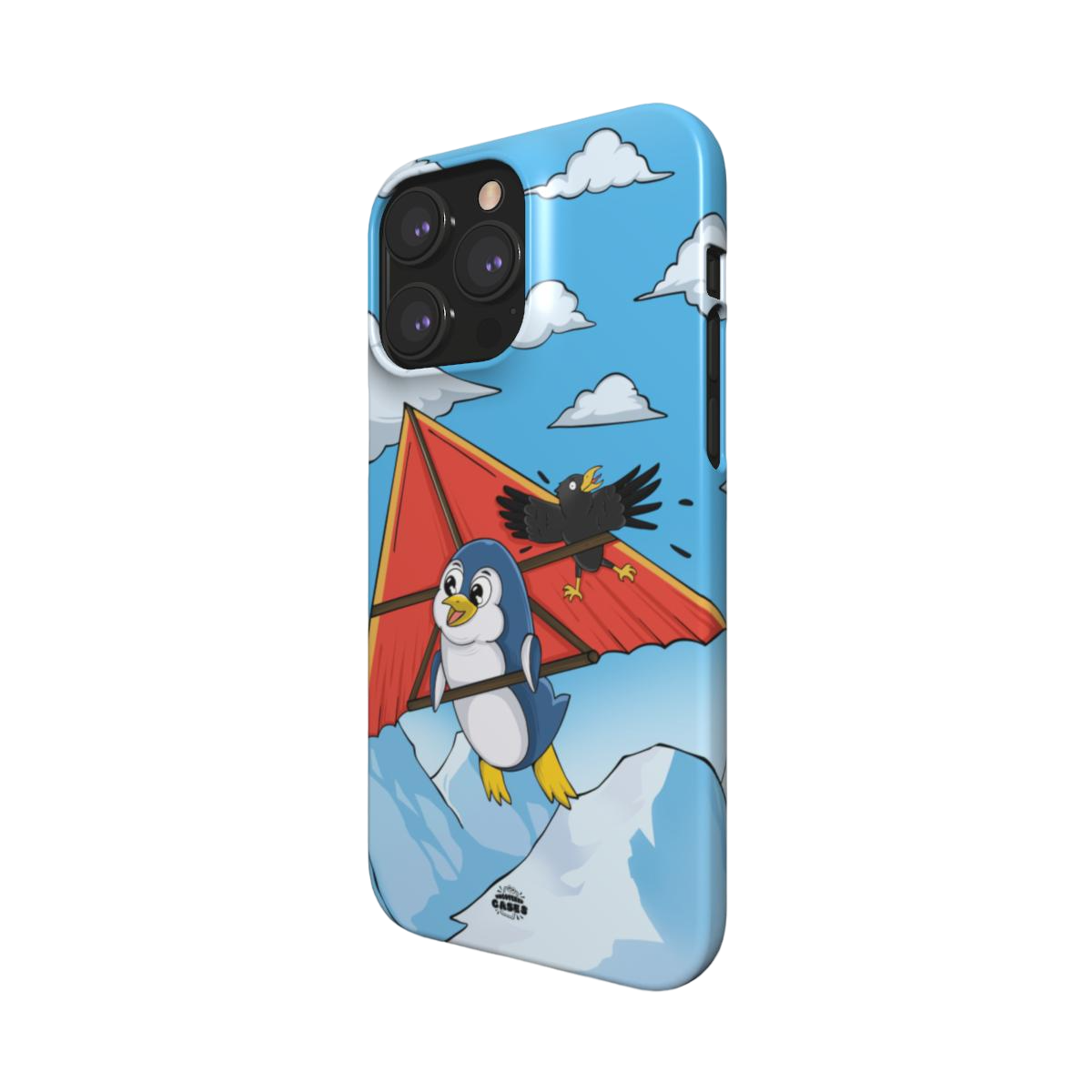 iphone snap case of animated  penguin trying to paraglide down the mountain, side view
