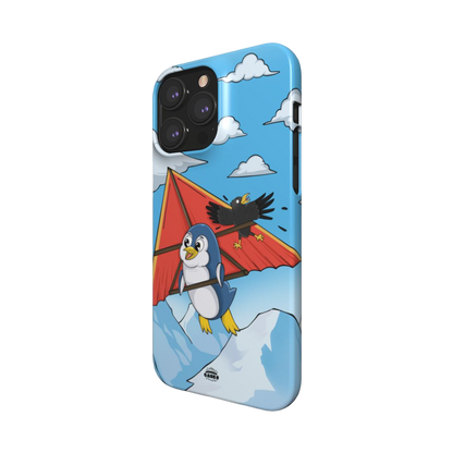 iphone snap case of animated  penguin trying to paraglide down the mountain, side view
