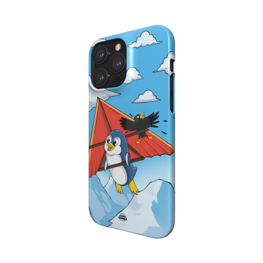 iphone snap case of animated  penguin trying to paraglide down the mountain, side view
