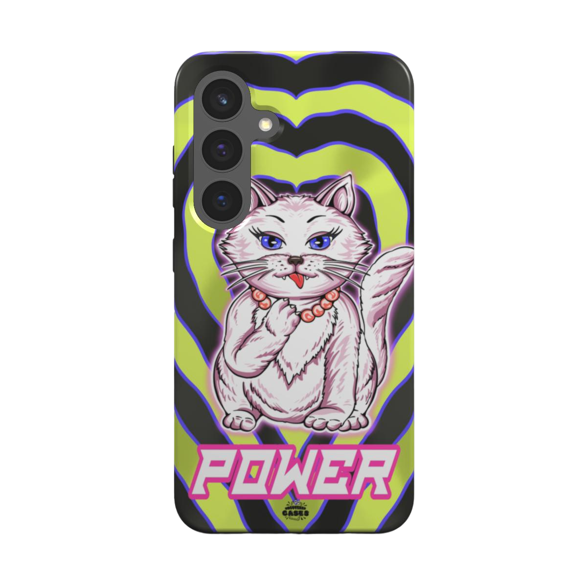 samsung tough case of animated white cat licking her paws, back view
