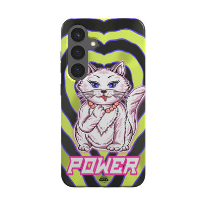 samsung tough case of animated white cat licking her paws, back view
