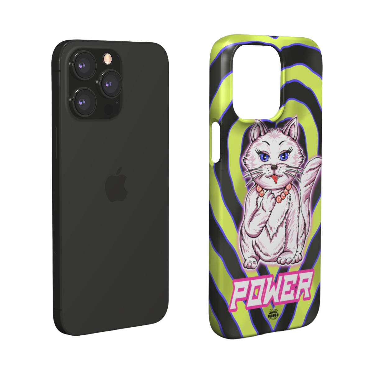 iphone snap case of  animated white cat licking her paws, layered view
