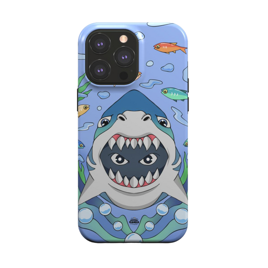 iphone magsafe case of animated shark with open jaws, back view
