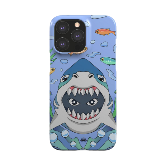 iphone snap case of animated shark with open jaws, back view
