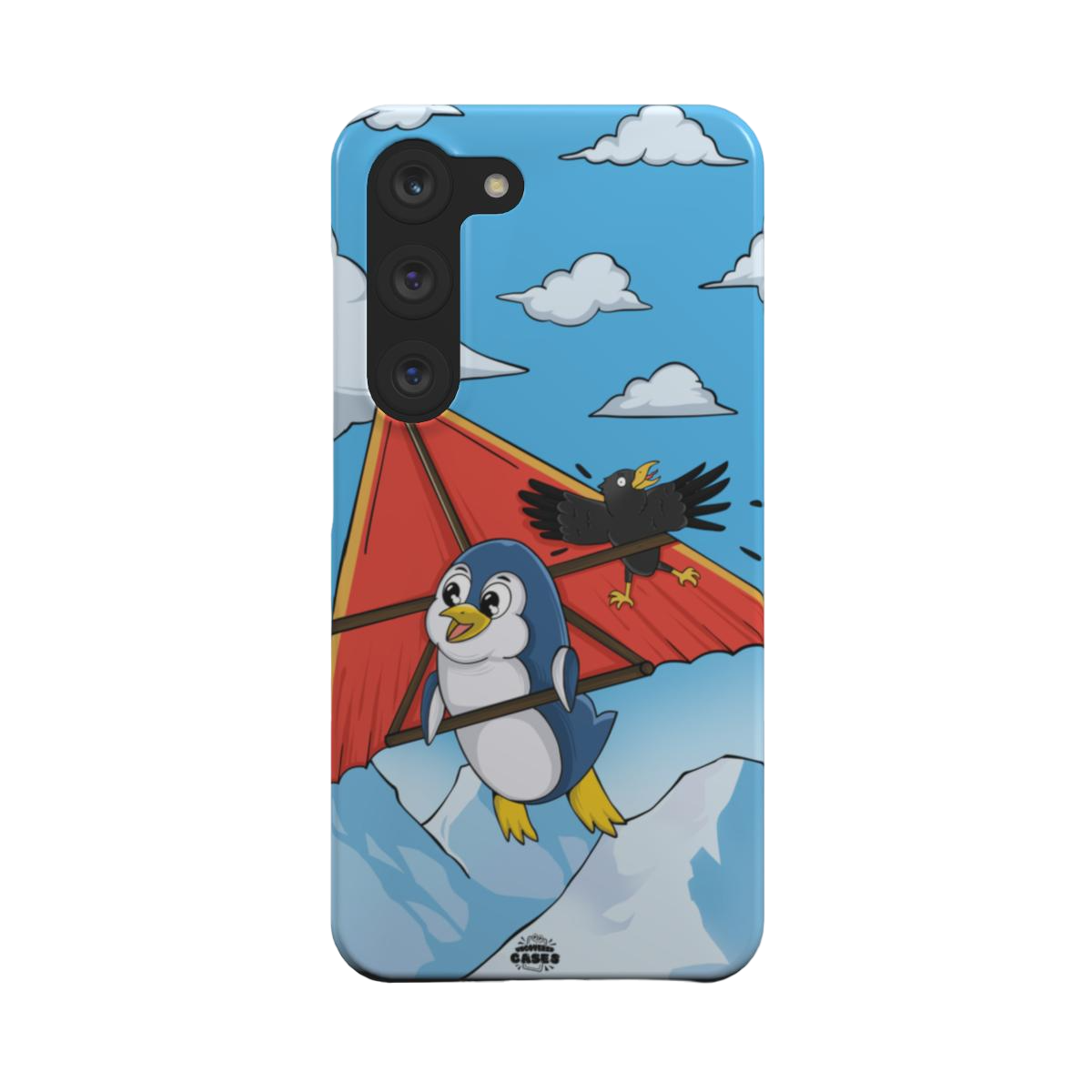 samsung snap case of animated  penguin trying to paraglide down the mountain, back view
