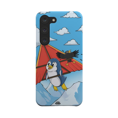samsung snap case of animated  penguin trying to paraglide down the mountain, back view
