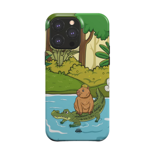 iphone magsafe case of animated capybara riding through river on a crocodiles back and wearing a crown, back view
