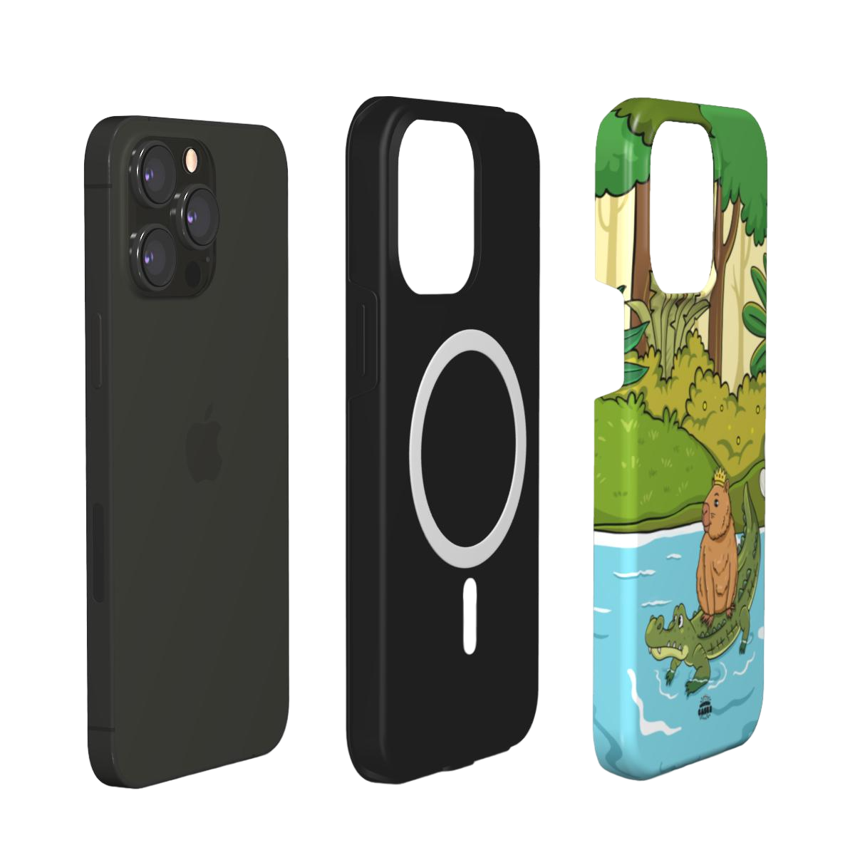 iphone magsafe case of  animated capybara riding through river on a crocodiles back and wearing a crown, layered view

