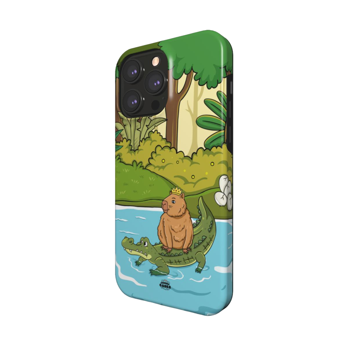 iphone magsafe case of animated capybara riding through river on a crocodiles back and wearing a crown, side view

