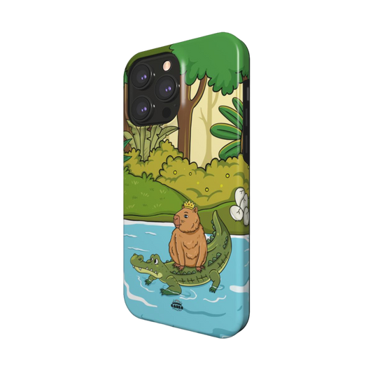 iphone magsafe case of animated capybara riding through river on a crocodiles back and wearing a crown, side view
